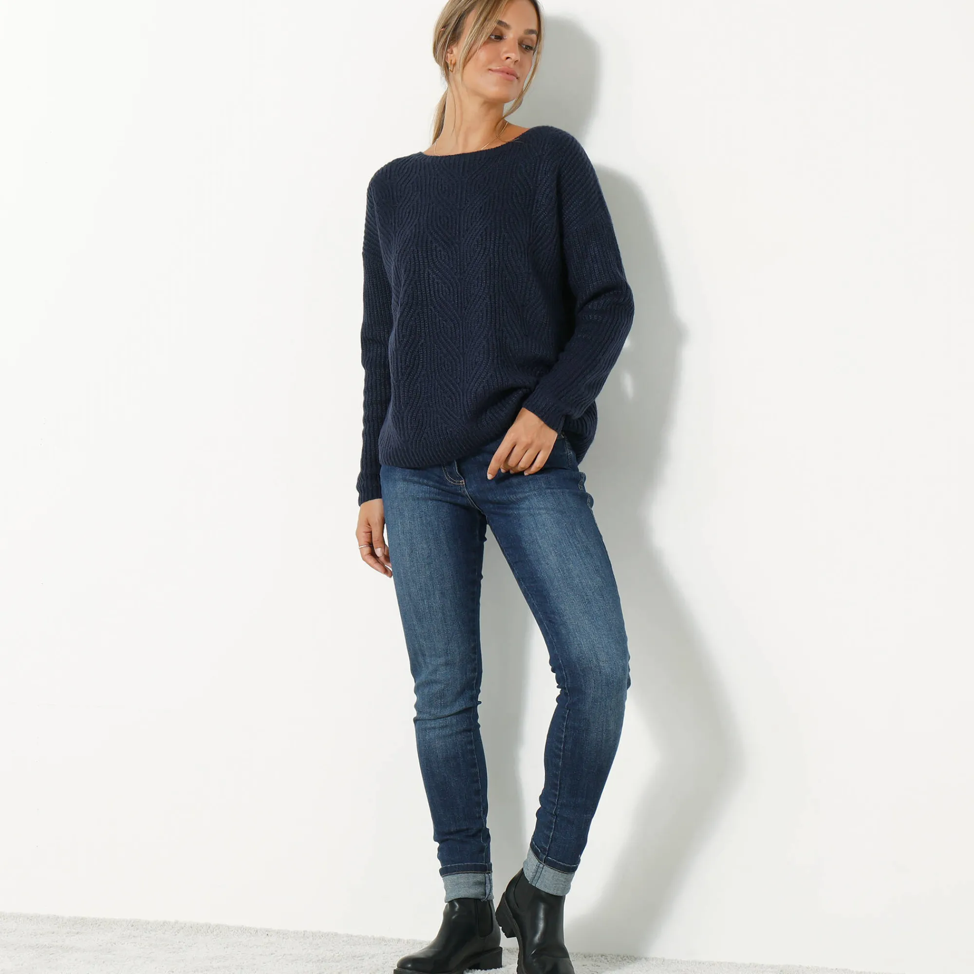 Trui En Vest<Blancheporte Trui met lange mouwen en ronde hals, pareltricot, speciaal voor kleine lengtes marine