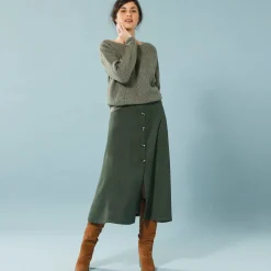 Trui En Vest<Blancheporte Trui met lange mouwen en ronde hals, pareltricot, speciaal voor kleine lengtes kaki