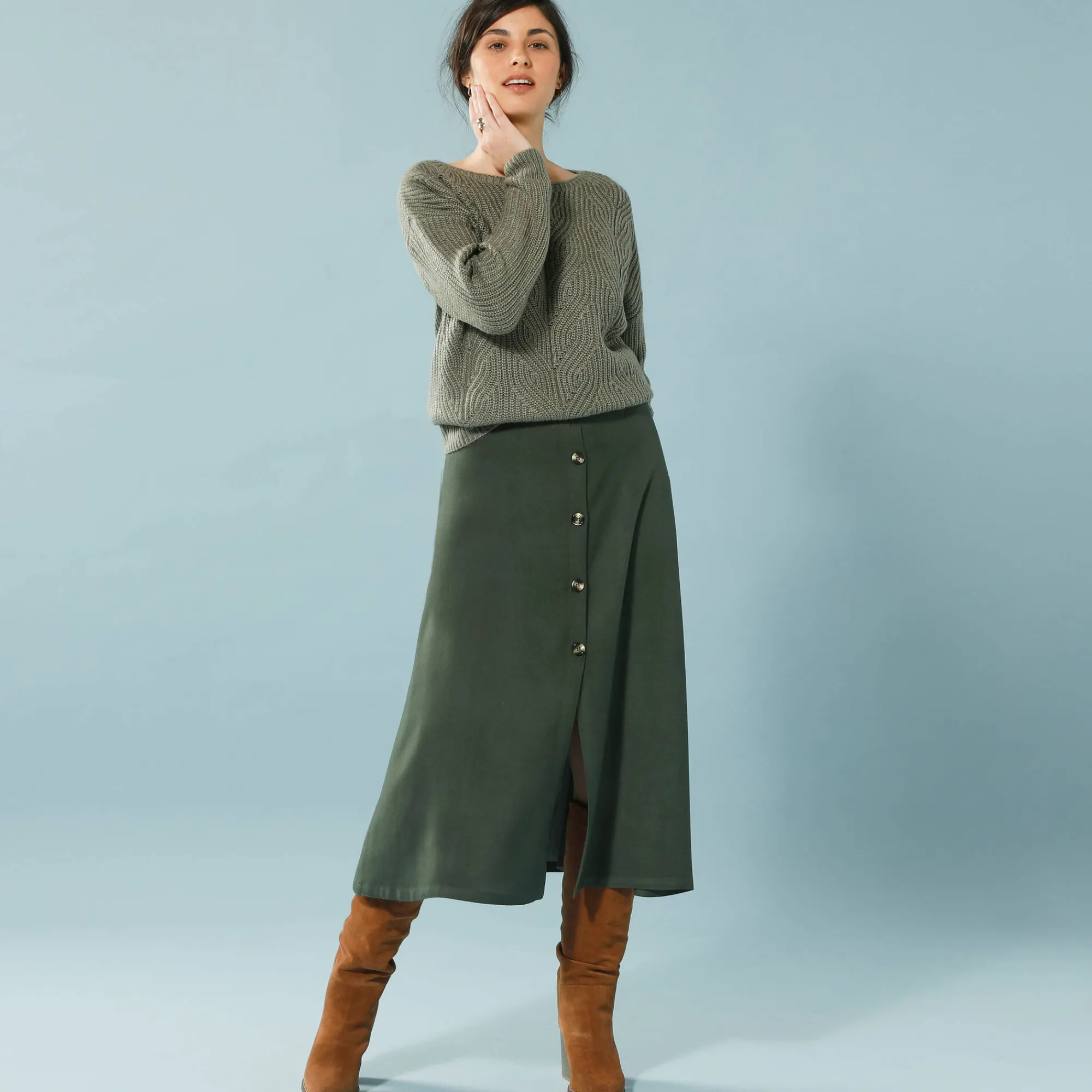Trui En Vest<Blancheporte Trui met lange mouwen en ronde hals, pareltricot, speciaal voor kleine lengtes kaki