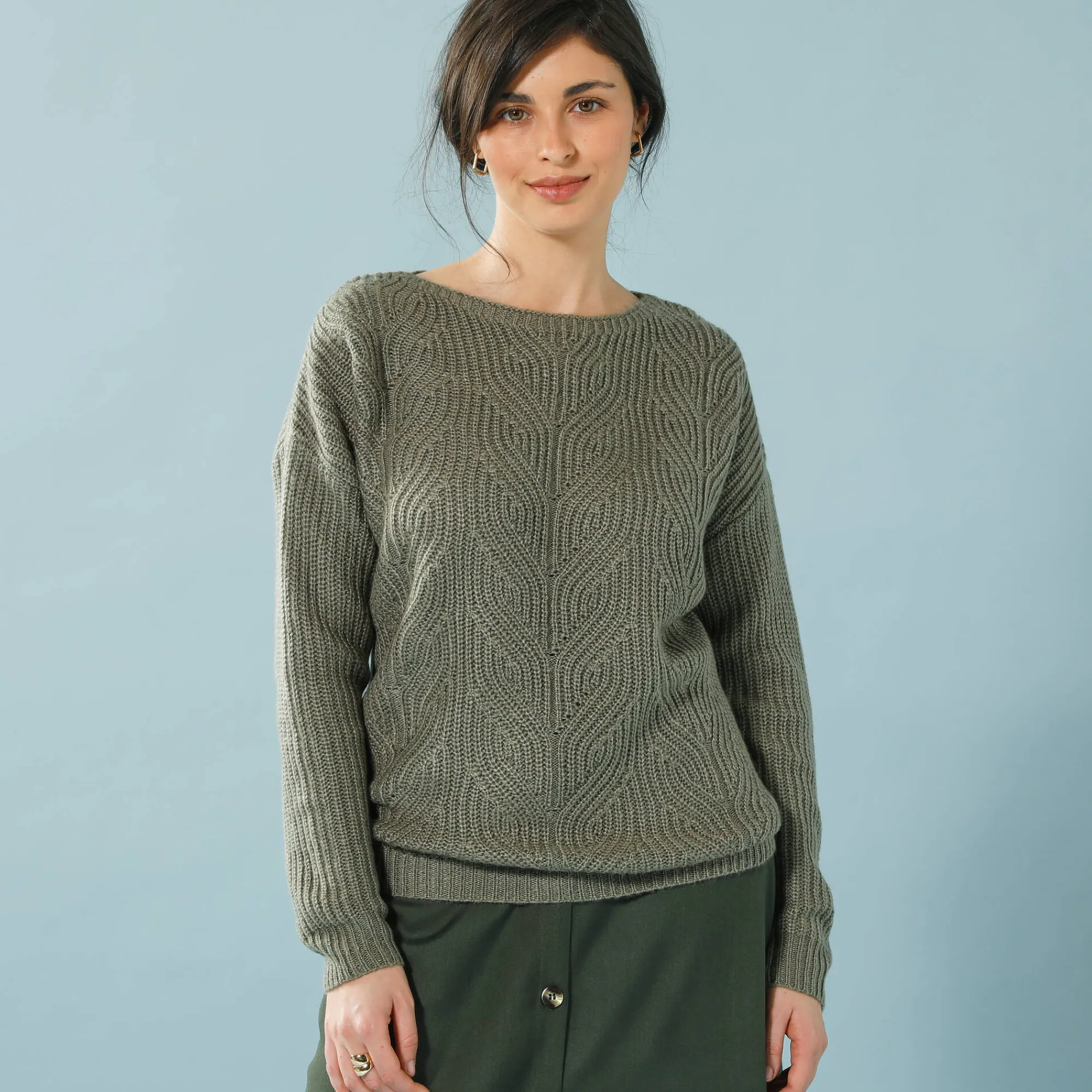 Trui En Vest<Blancheporte Trui met lange mouwen en ronde hals, pareltricot, speciaal voor kleine lengtes kaki