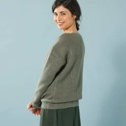 Trui En Vest<Blancheporte Trui met lange mouwen en ronde hals, pareltricot, speciaal voor kleine lengtes kaki