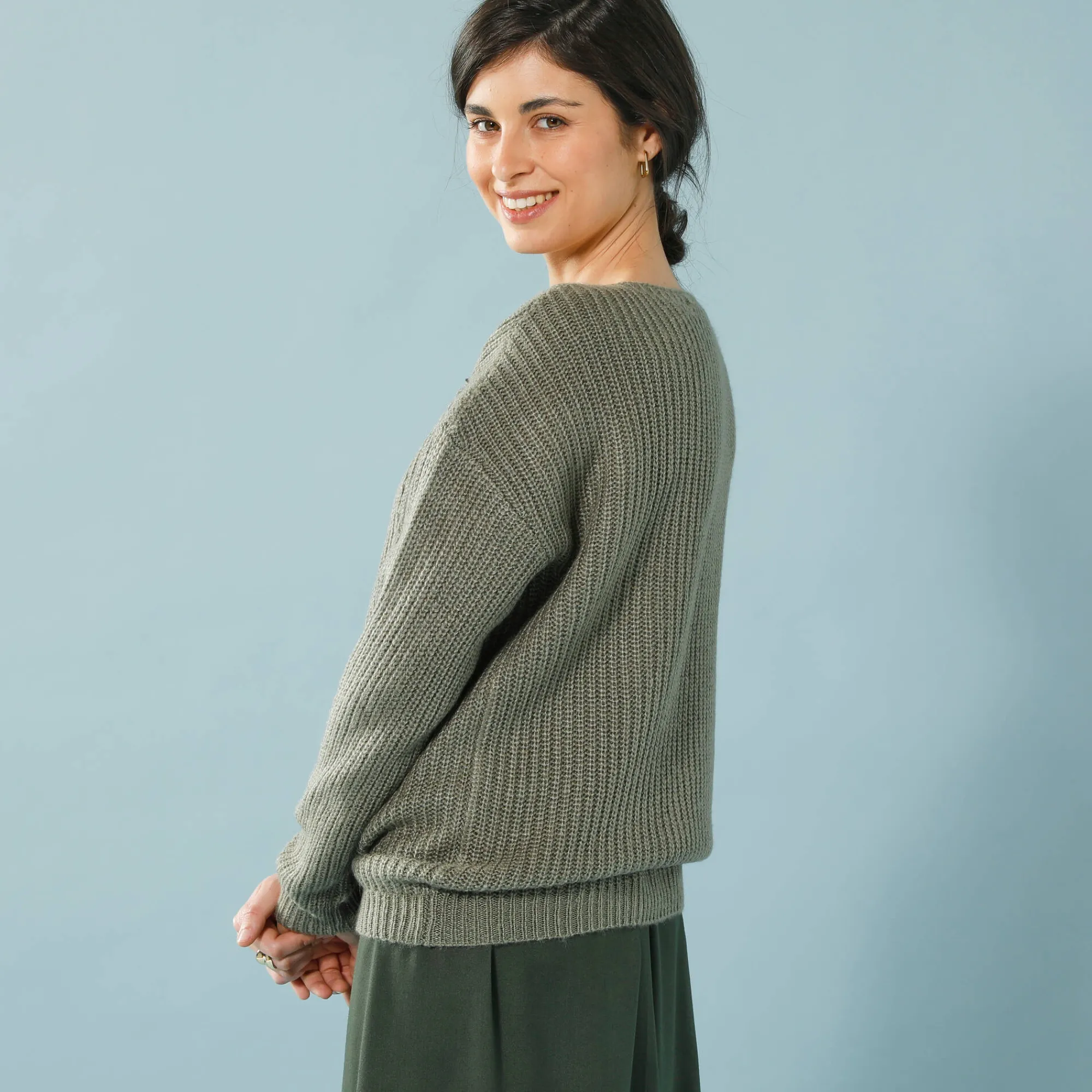 Trui En Vest<Blancheporte Trui met lange mouwen en ronde hals, pareltricot, speciaal voor kleine lengtes kaki