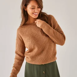 Trui En Vest<Blancheporte Trui met lange mouwen en ronde hals, pareltricot, speciaal voor kleine lengtes taupe