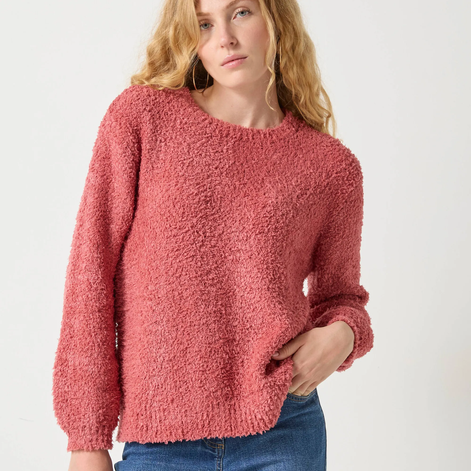 Trui En Vest<Blancheporte Trui met lange mouwen in lusjestricot, afhangende schouders roze