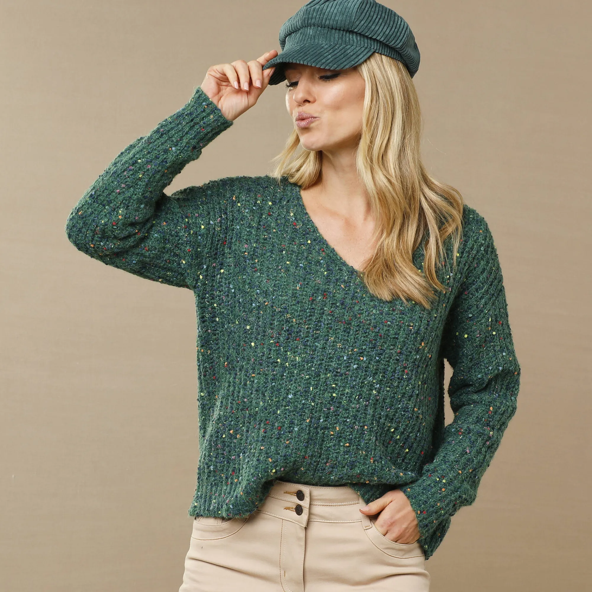 Trui En Vest<Blancheporte Trui met loose volume en V-hals, gespikkeld patenttricot groen / veelkleurig