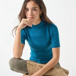 Trui En Vest<Blancheporte Trui met opstaande kraag en korte mouwen eendenblauw
