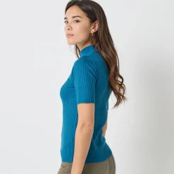Trui En Vest<Blancheporte Trui met opstaande kraag en korte mouwen eendenblauw
