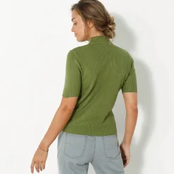 Trui En Vest<Blancheporte Trui met opstaande kraag en korte mouwen olijfgroen