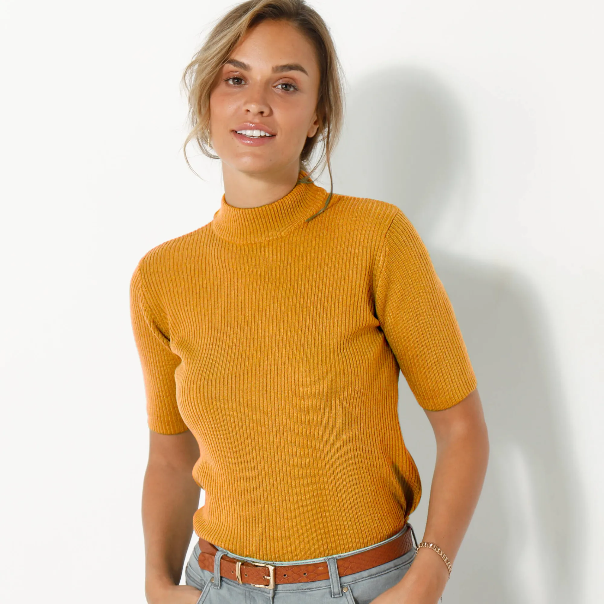 Trui En Vest<Blancheporte Trui met opstaande kraag en korte mouwen kerrie