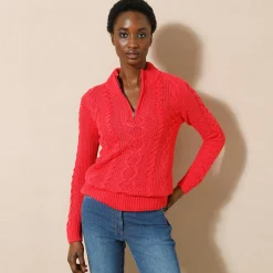 Trui En Vest<Blancheporte Trui met opstaande ritskraag, kabeltricot en kasjmiertouch rood