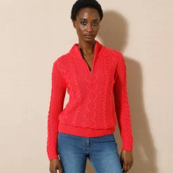 Trui En Vest<Blancheporte Trui met opstaande ritskraag, kabeltricot en kasjmiertouch rood