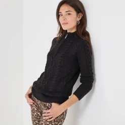 Trui En Vest<Blancheporte Trui met opstaande ritskraag, kabeltricot en kasjmiertouch zwart