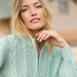 Trui En Vest<Blancheporte Trui met opstaande ritskraag, kabeltricot en kasjmiertouch grijsgroen