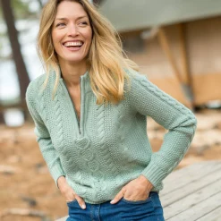 Trui En Vest<Blancheporte Trui met opstaande ritskraag, kabeltricot en kasjmiertouch grijsgroen