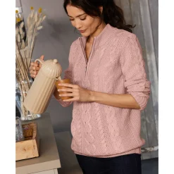 Trui En Vest<Blancheporte Trui met opstaande ritskraag, kabeltricot en kasjmiertouch poederroze