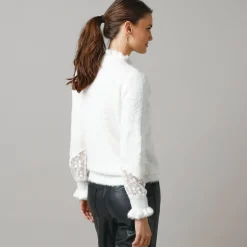 Feestoutfits Dames|Trui En Vest<Lora Zellini Trui met opstaande ruchekraag, harig tricot en geborduurde tule ecru