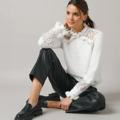 Feestoutfits Dames|Trui En Vest<Lora Zellini Trui met opstaande ruchekraag, harig tricot en geborduurde tule ecru