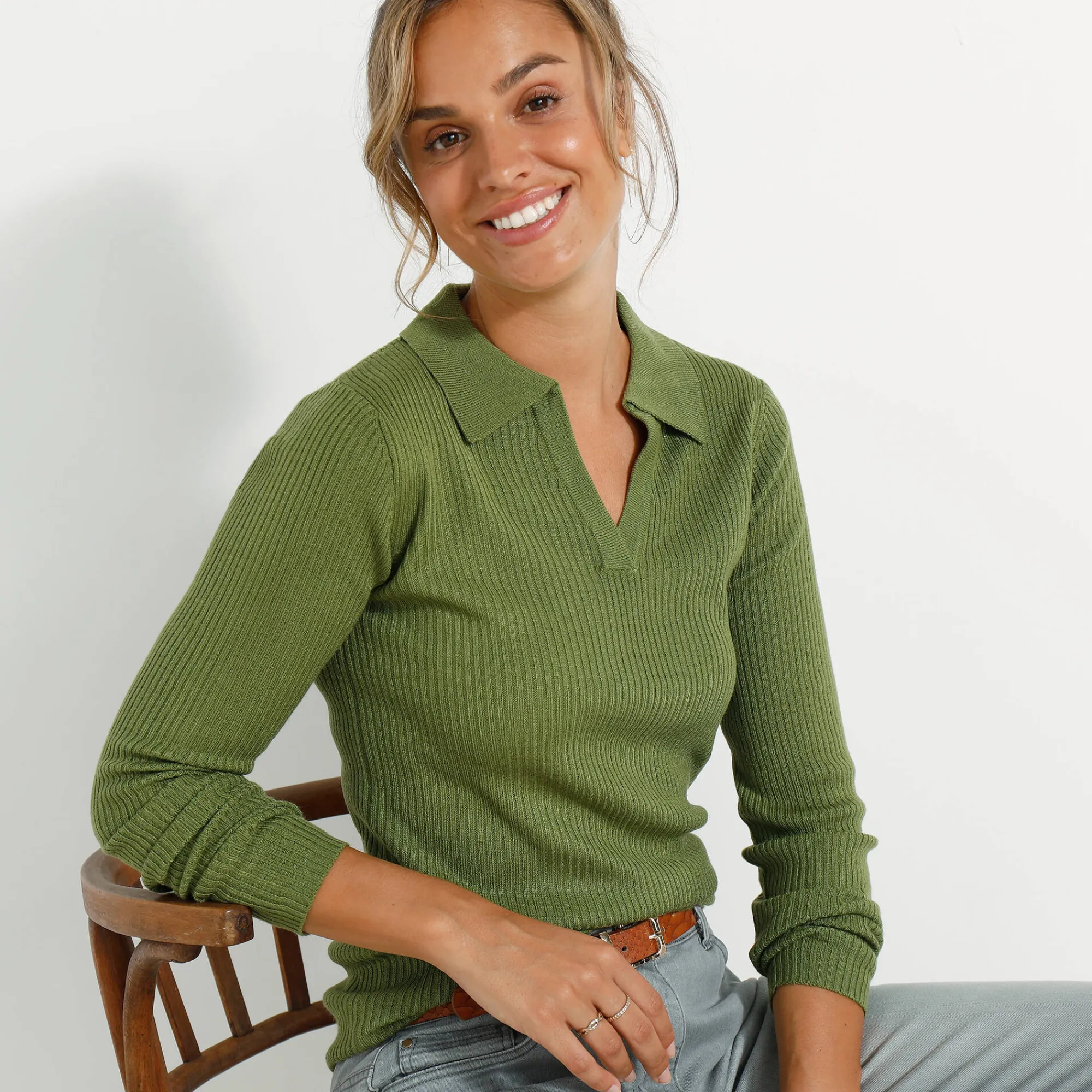 Trui En Vest<Blancheporte Trui met polokraag, ribtricot olijfgroen
