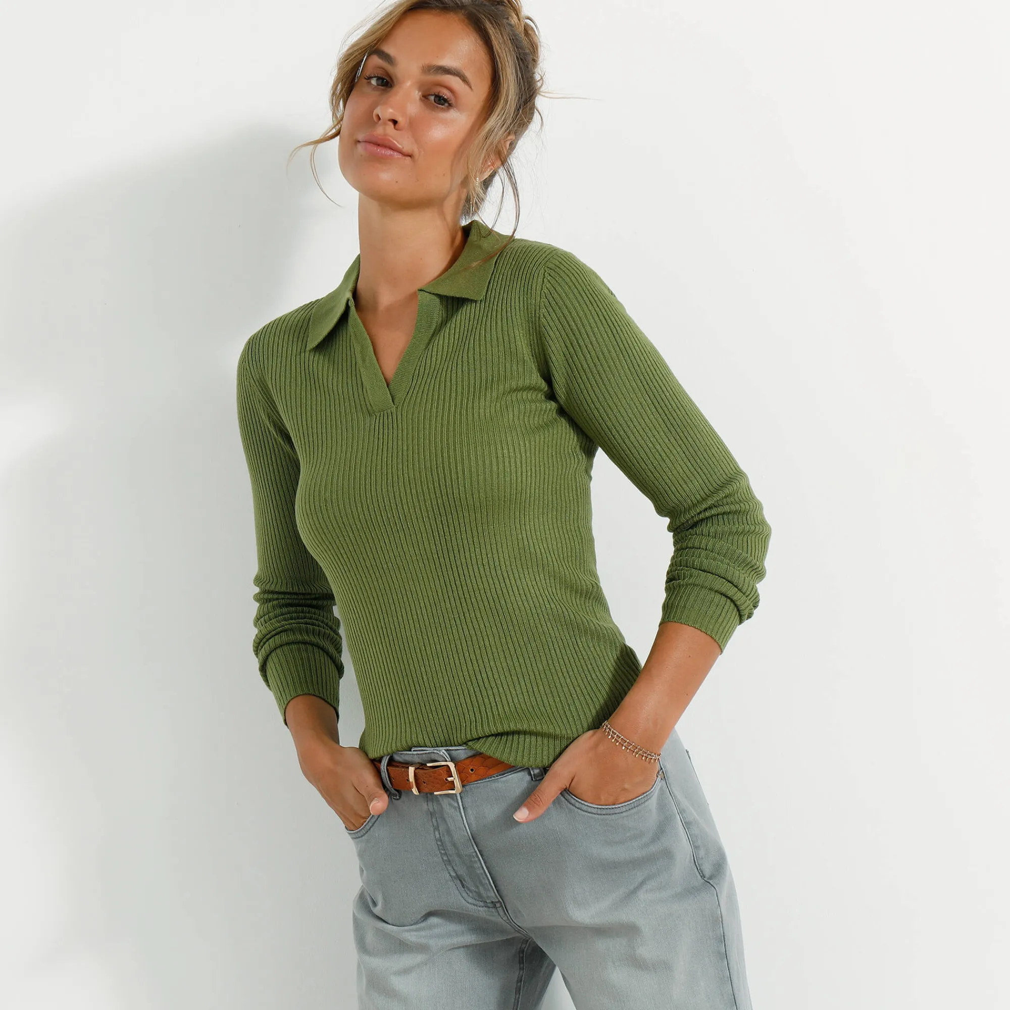 Trui En Vest<Blancheporte Trui met polokraag, ribtricot olijfgroen