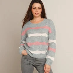 Trui En Vest<Blancheporte Trui met ronde hals en fantasierijke strepen chiné grijs / roze