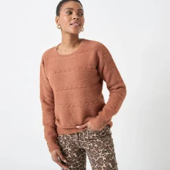 Trui En Vest<Blancheporte Trui met ronde hals, harig fantasietricot karamel