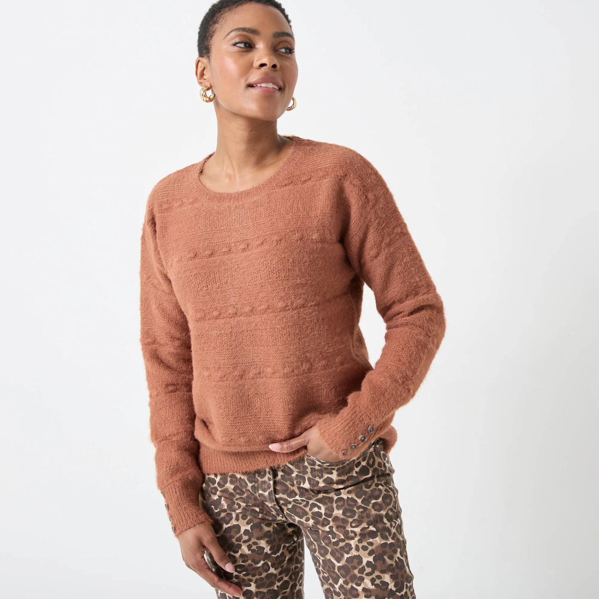 Trui En Vest<Blancheporte Trui met ronde hals, harig fantasietricot karamel