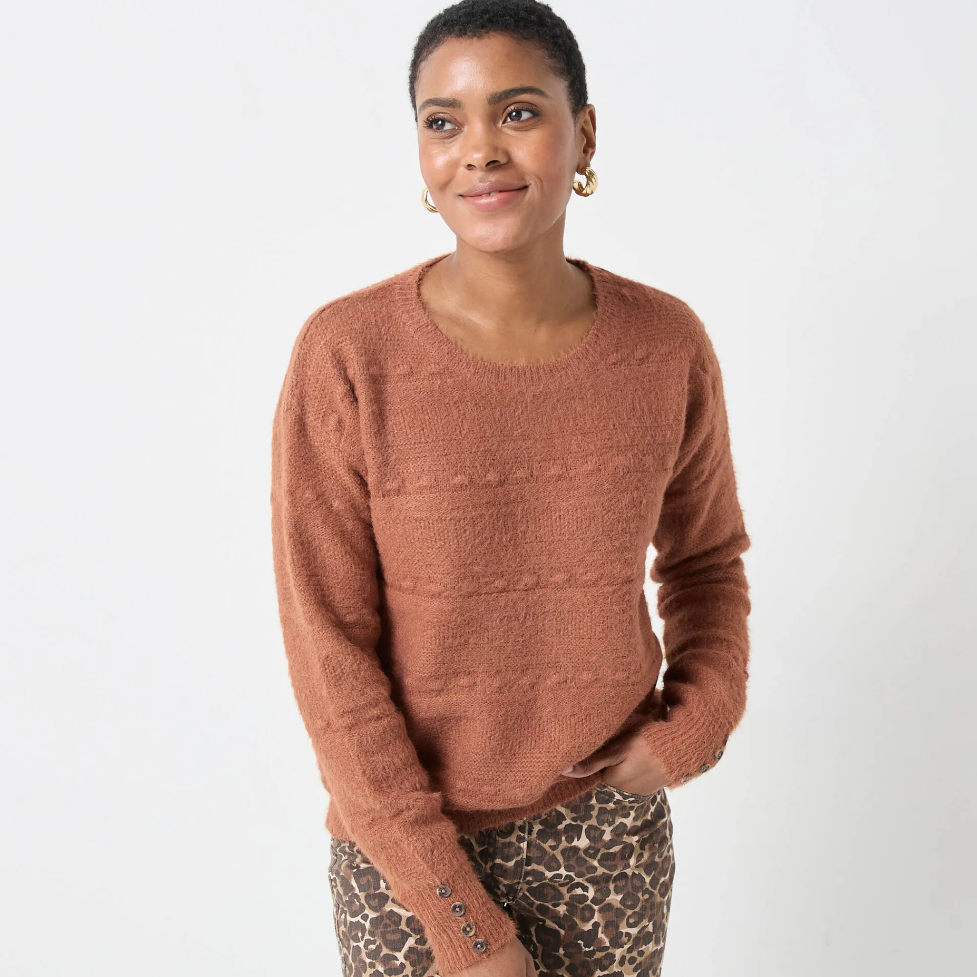 Trui En Vest<Blancheporte Trui met ronde hals, harig fantasietricot karamel