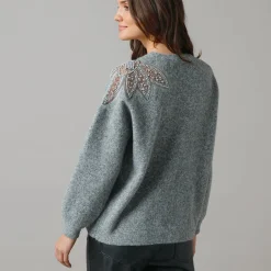 Trui En Vest<Lora Zellini Trui met ronde hals in wolmix, pasje met fantasieparels antracietgrijs
