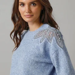 Trui En Vest<Lora Zellini Trui met ronde hals in wolmix, pasje met fantasieparels blauw