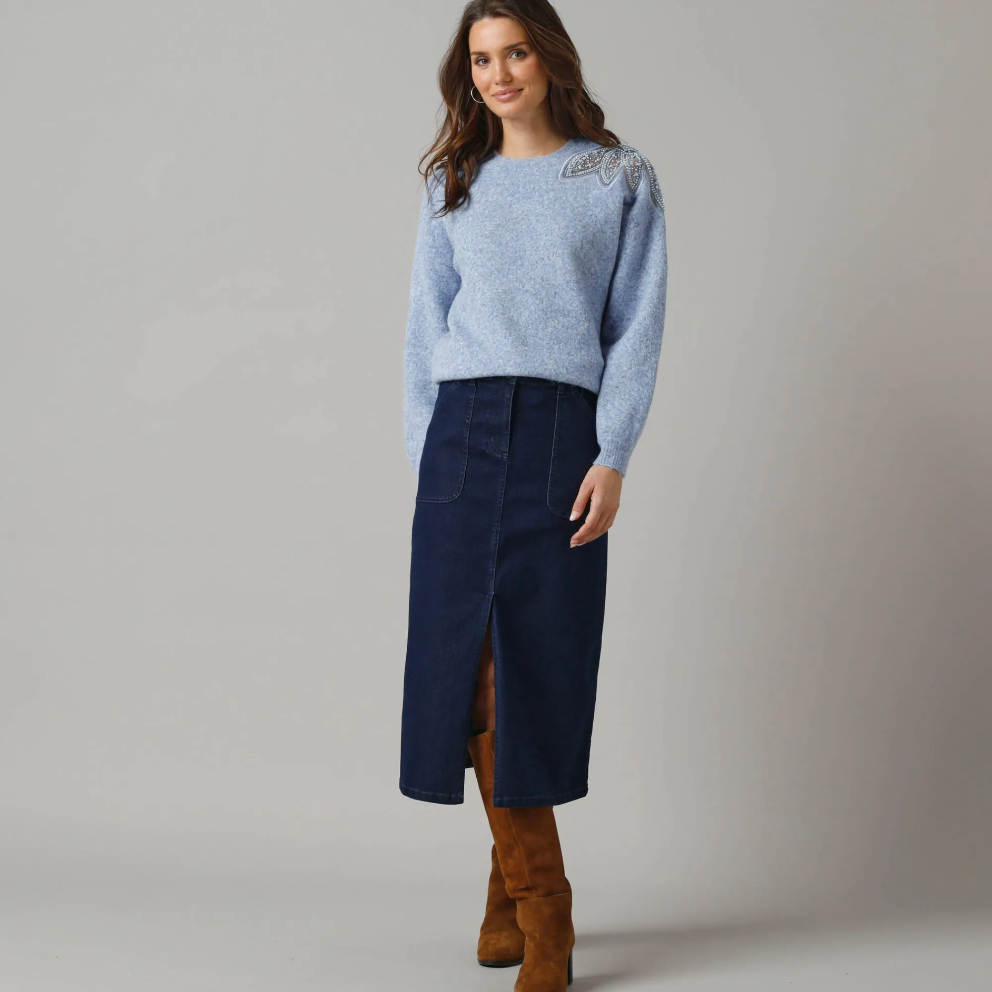 Trui En Vest<Lora Zellini Trui met ronde hals in wolmix, pasje met fantasieparels blauw