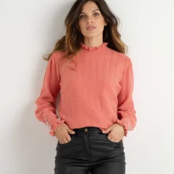 Feestoutfits Dames|Trui En Vest<Blancheporte Trui met ruchekraag en gestreept effect koraal