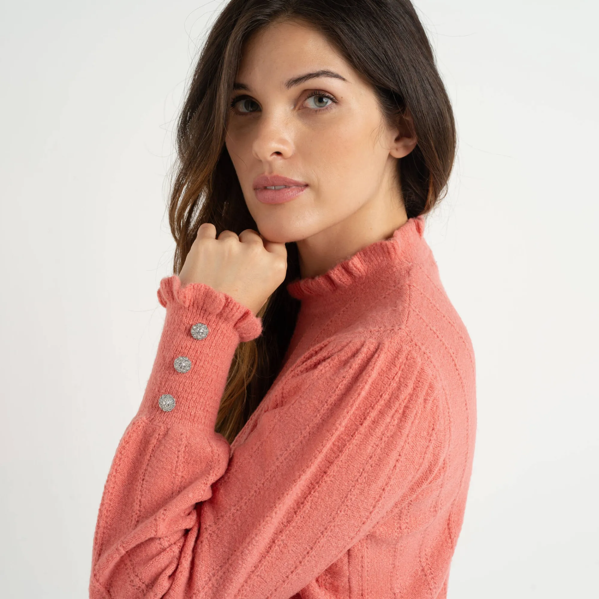 Feestoutfits Dames|Trui En Vest<Blancheporte Trui met ruchekraag en gestreept effect koraal