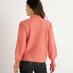 Feestoutfits Dames|Trui En Vest<Blancheporte Trui met ruchekraag en gestreept effect koraal