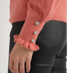 Feestoutfits Dames|Trui En Vest<Blancheporte Trui met ruchekraag en gestreept effect koraal