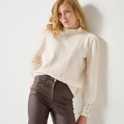 Feestoutfits Dames|Trui En Vest<Blancheporte Trui met ruchekraag en gestreept effect ecru