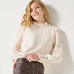 Feestoutfits Dames|Trui En Vest<Blancheporte Trui met ruchekraag en gestreept effect ecru