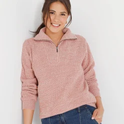 Trui En Vest<Blancheporte Trui met truckerskraag in ribtricot chiné rozenhout