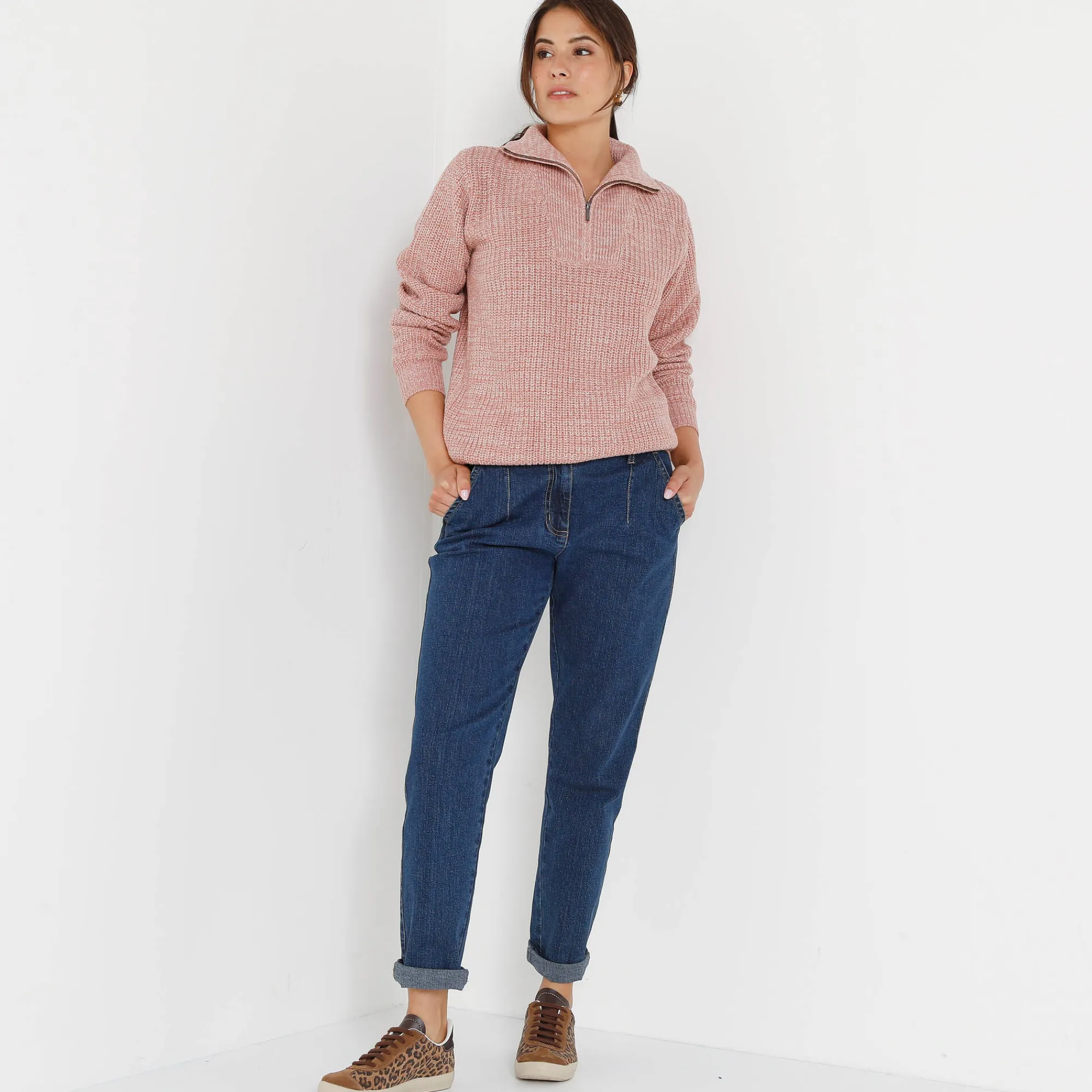 Trui En Vest<Blancheporte Trui met truckerskraag in ribtricot chiné rozenhout
