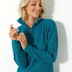 Trui En Vest<Blancheporte Trui met truckerskraag in ribtricot petroleumblauw