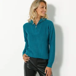 Trui En Vest<Blancheporte Trui met truckerskraag in ribtricot petroleumblauw