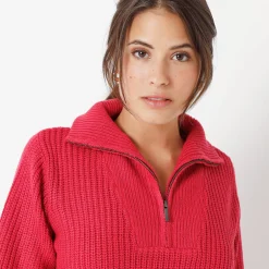 Trui En Vest<Blancheporte Trui met truckerskraag in ribtricot framboos