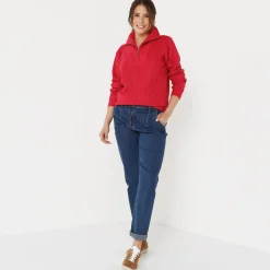Trui En Vest<Blancheporte Trui met truckerskraag in ribtricot framboos