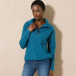 Trui En Vest<Blancheporte Trui met truckerskraag in ribtricot met mohairtouch Pruisisch blauw
