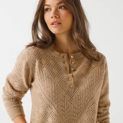 Trui En Vest<Blancheporte Trui met Tunesische hals, in ajourtricot naturel