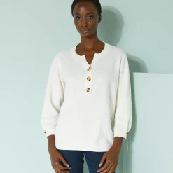 Trui En Vest<Blancheporte Trui met Tunesische hals en 3/4-mouwen, fantasietricot ecru