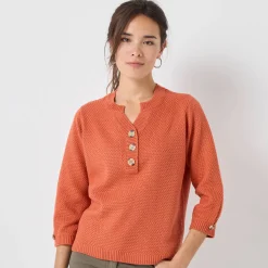 Trui En Vest<Blancheporte Trui met Tunesische hals en 3/4-mouwen, fantasietricot donkeroranje