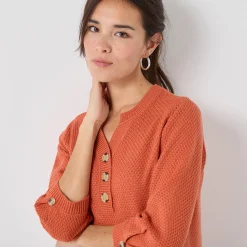 Trui En Vest<Blancheporte Trui met Tunesische hals en 3/4-mouwen, fantasietricot donkeroranje