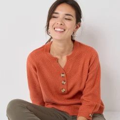 Trui En Vest<Blancheporte Trui met Tunesische hals en 3/4-mouwen, fantasietricot donkeroranje