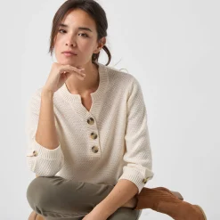 Trui En Vest<Blancheporte Trui met Tunesische hals en 3/4-mouwen, fantasietricot ecru