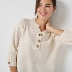 Trui En Vest<Blancheporte Trui met Tunesische hals en 3/4-mouwen, fantasietricot ecru